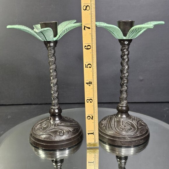 Vintage Palm Tree Brass Metal Candlestick Holders Pair, Made in India, 7" Tall - Picture 3 of 8